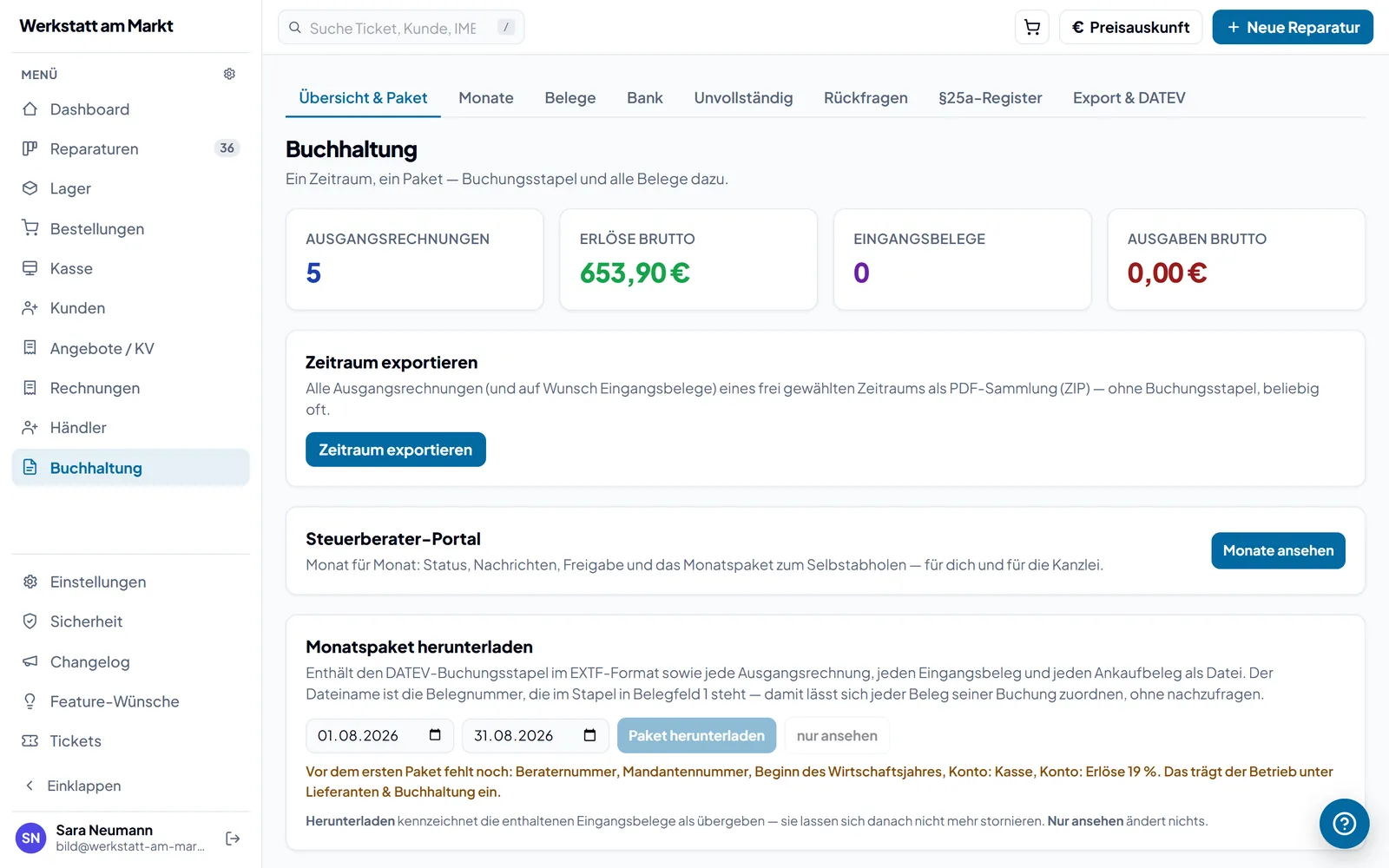 Buchhaltung: Ausgangsrechnungen, Erlöse und das Monatspaket mit DATEV-Buchungsstapel für die Kanzlei