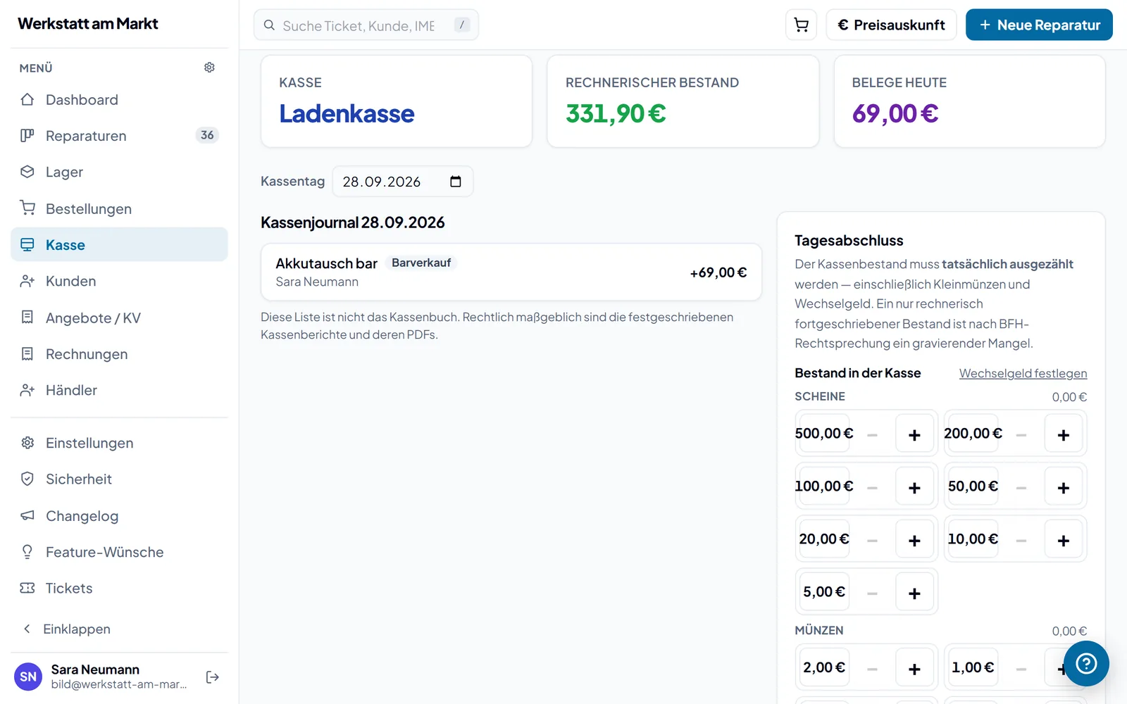 Kassenbuch und Tagesabschluss mit Zählprotokoll