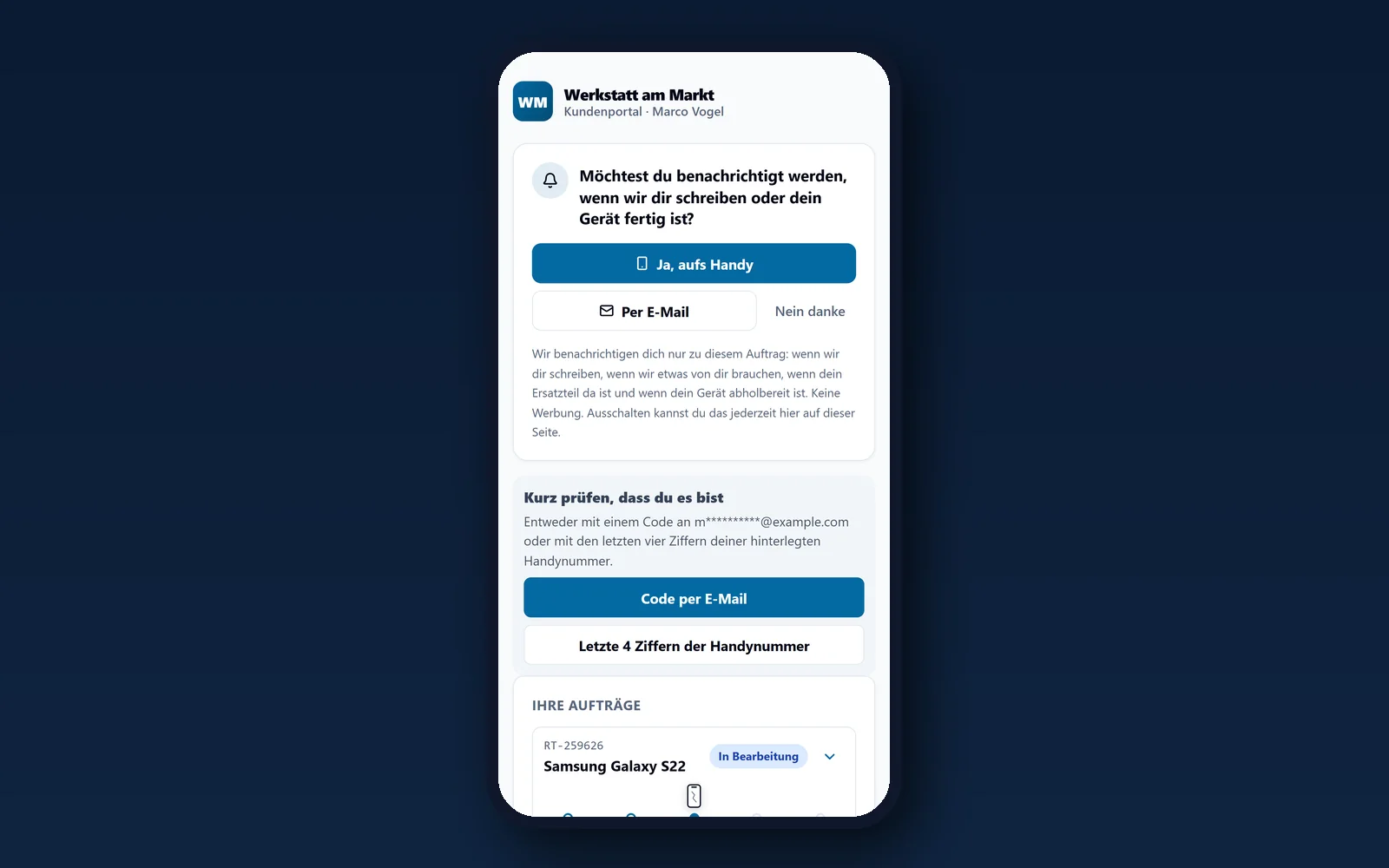 Das Kundenportal auf dem Handy: Benachrichtigung, Prüfung per Code und Auftragsstatus