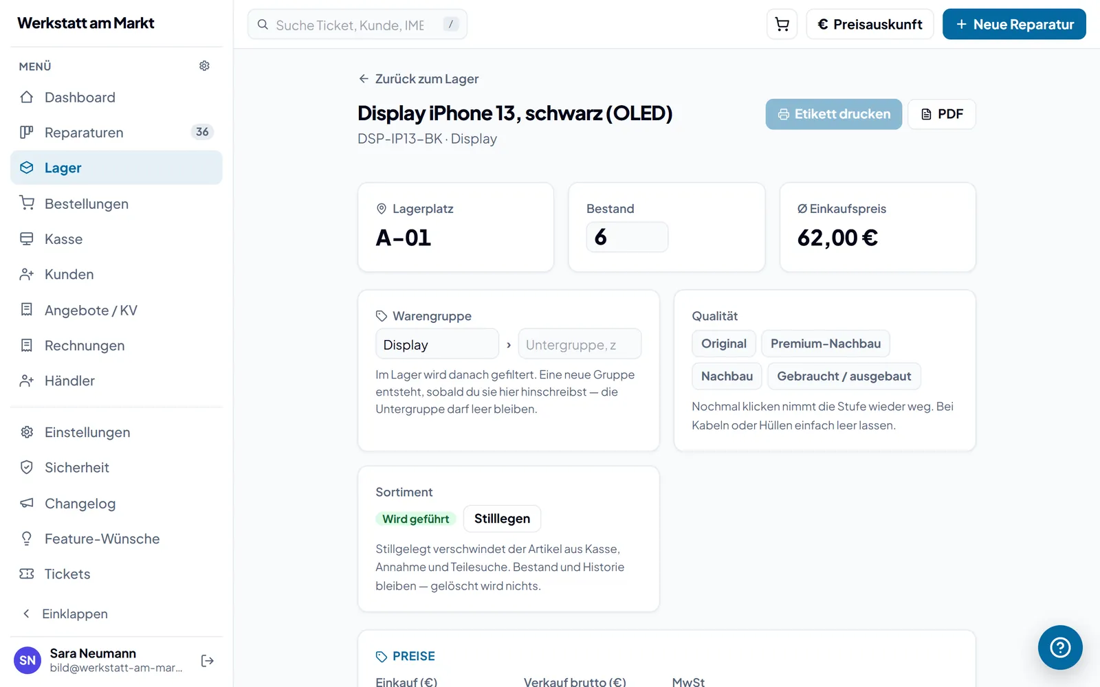 Ein Lagerartikel in RepairCockpit: Display iPhone 13 mit Lagerplatz, Bestand, Einkaufspreis, Warengruppe und Qualitätsstufe von Original bis gebraucht