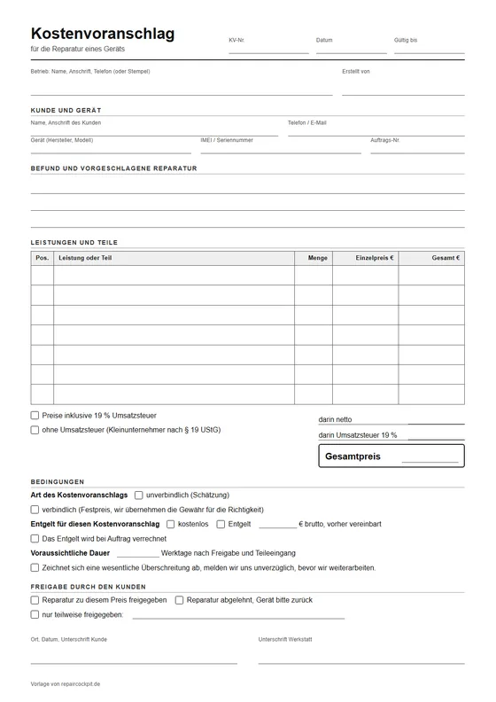 Vorschau der Kostenvoranschlag-Vorlage: A4-Formular mit Feldern für Kunde, Gerät, Befund, Positionstabelle mit Summen, Bedingungen und Freigabe durch den Kunden